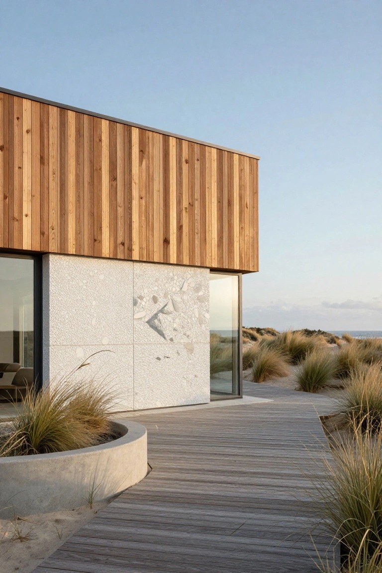 Modern beach house corner with vertical wooden cladding on one side, textured white wall with abstract light-colored inserts and shell motifs, large glass window, concrete planter with dune grass, wooden boardwalk path, and surrounding sand dunes under a clear blue sky.