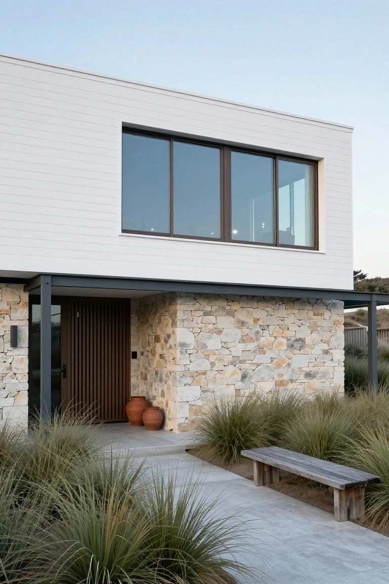 Modern house exterior with white vertical board cladding on upper walls, light-colored stone base wall at entry, dark slatted wood door under black metal overhang, ornamental grasses, two terracotta pots, wooden bench, and concrete path.