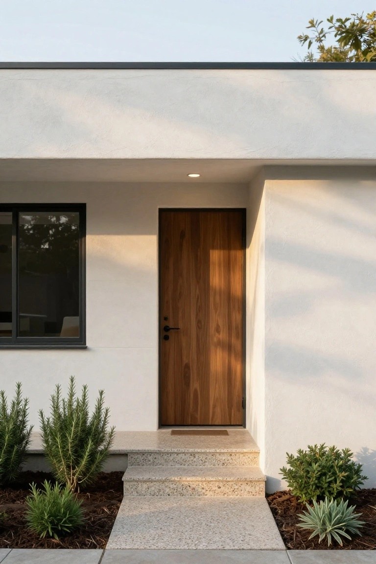 Front exterior of a modern house with white stucco walls, a vertical walnut wood front door, black-framed window beside it, concrete steps leading to a doormat, and low drought-tolerant plants including rosemary bushes and agave in mulch beds.