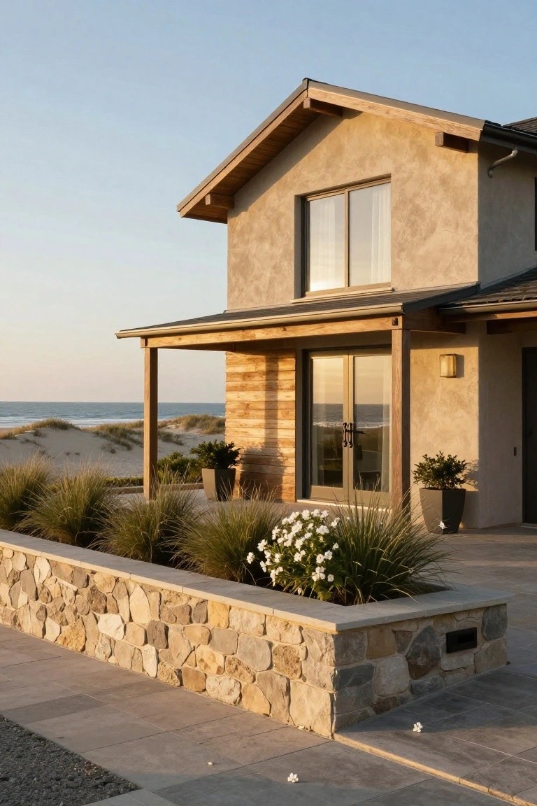 Beige stucco house exterior with horizontal wood siding on entry section, wooden porch beams and posts, stone retaining wall planted with grasses and flowers, and beach dunes visible beyond.