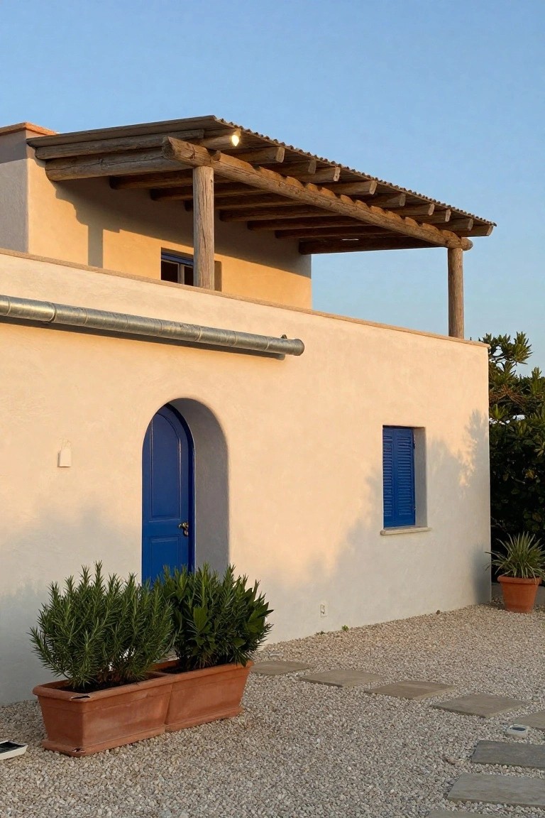 Beige stucco house exterior featuring a turquoise blue arched door, blue shutters on a small window, rustic wooden pergola above, terracotta planters with rosemary bushes, gravel yard, and stone stepping path stones.