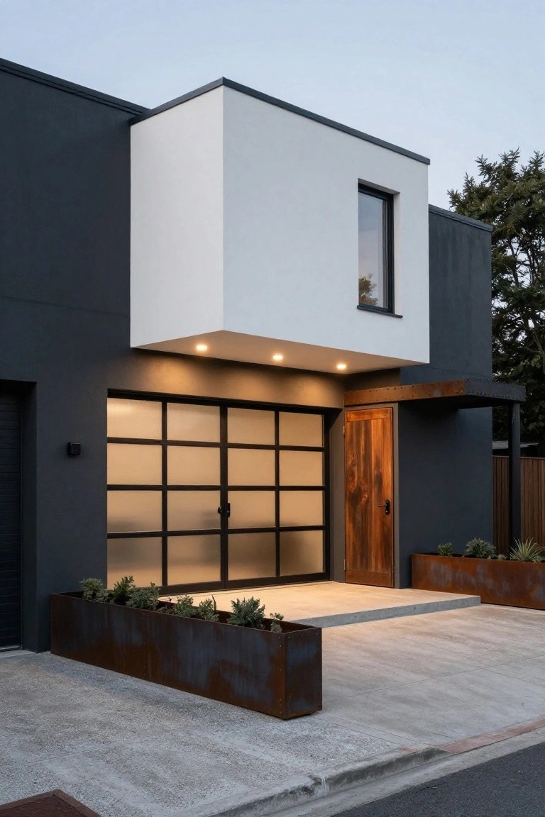Modern house exterior with matte black walls, protruding white upper volume, large frosted glass panel garage door, wooden entry door, corten steel planters, and concrete driveway.