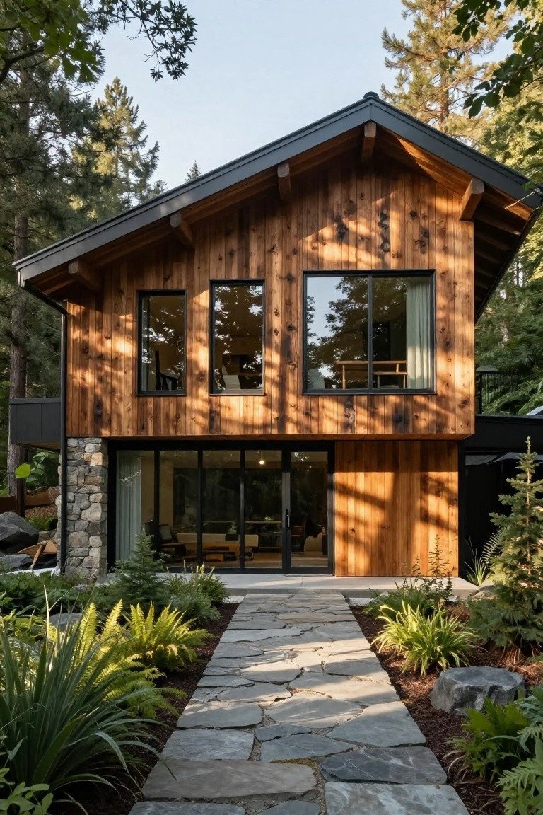 Two-story modern house exterior featuring vertical charred wood siding, black metal roof with overhangs, large black-framed windows and sliding glass doors at ground level over a stone base, flagstone pathway, plants, rocks, and surrounding evergreen forest.