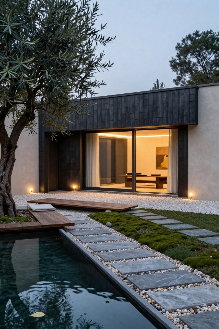 Modern house exterior with black vertical wood cladding on one wall, adjacent beige stucco, open sliding glass doors showing lit interior dining area, wooden bench platform, mossy stone path, dark pool, gravel ground, and olive tree at dusk.