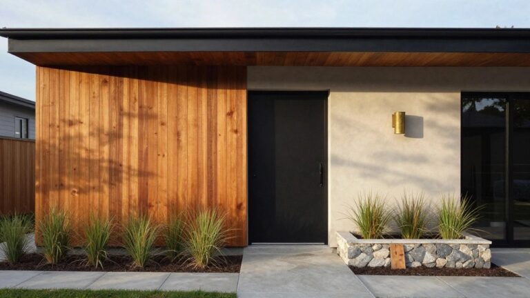 11 Modern House Exterior Facades That Turn Heads Modern house exterior with vertical cedar wood siding, black front door, brass wall light, large adjacent window, concrete walkway, and grassy plants in pebble-filled planters.