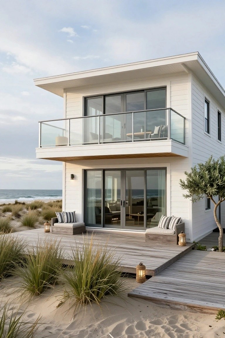Two-story white modern beach house with wood siding, glass balcony railing, sliding glass doors to wooden deck, sand dunes, grasses, lanterns, and ocean view.