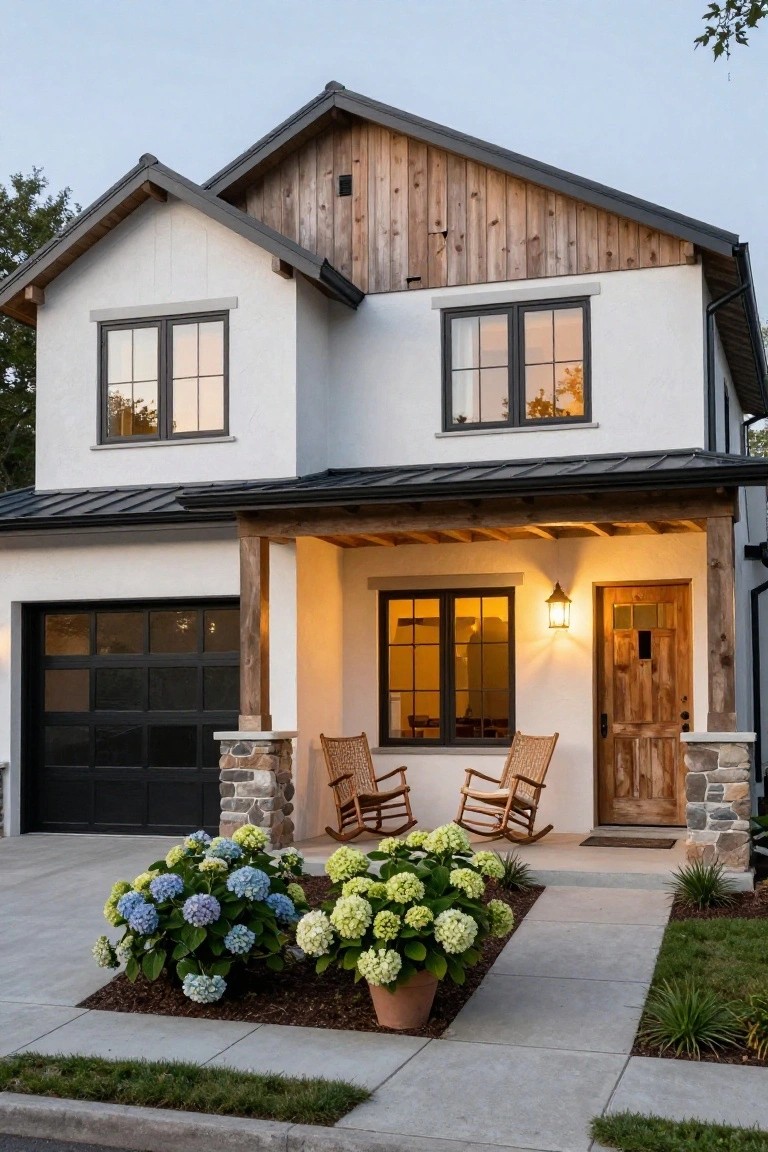 Two-story house exterior with white siding, wood-clad gables and porch beams, black metal roof, attached garage, wooden front door flanked by windows, two wicker rocking chairs on porch, stone pillars, and large hydrangea plants in front.