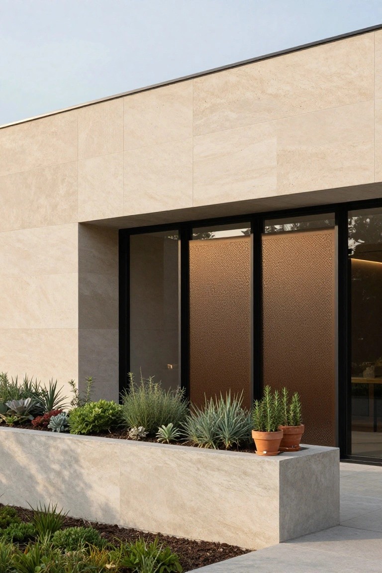 Beige stone-clad modern house exterior with black metal frames around large windows, a central perforated bronze screen over glass entry doors, concrete planter box with succulents and potted rosemary plants at the base, and stone paving nearby.