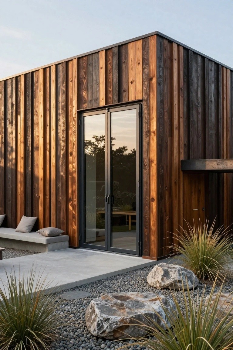 Corner exterior of a modern rectangular house featuring dark vertical wood plank cladding, double glass sliding doors, concrete steps with a built-in bench, gravel ground cover, ornamental grasses, and large boulders.