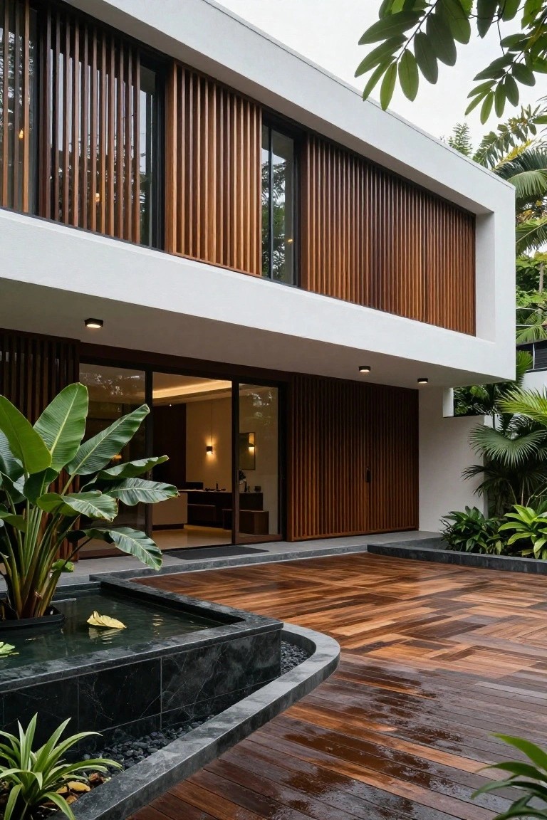 Modern two-story house exterior featuring white stucco walls with vertical wooden slats, a recessed wooden entry door and glass panels, teak wood deck, black stone water feature with plants, and surrounding tropical foliage.