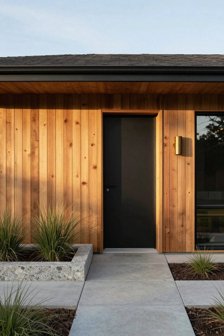 Modern house exterior with vertical cedar wood siding, black front door, brass wall light, large adjacent window, concrete walkway, and grassy plants in pebble-filled planters.