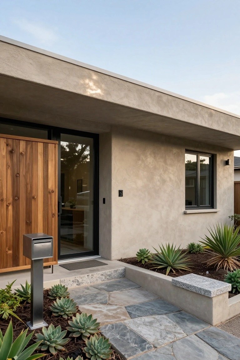 Beige textured stucco house exterior with tall wooden slat gate next to black-framed glass entry door, stone pathway lined with agave plants, metal mailbox post, and raised garden bed.