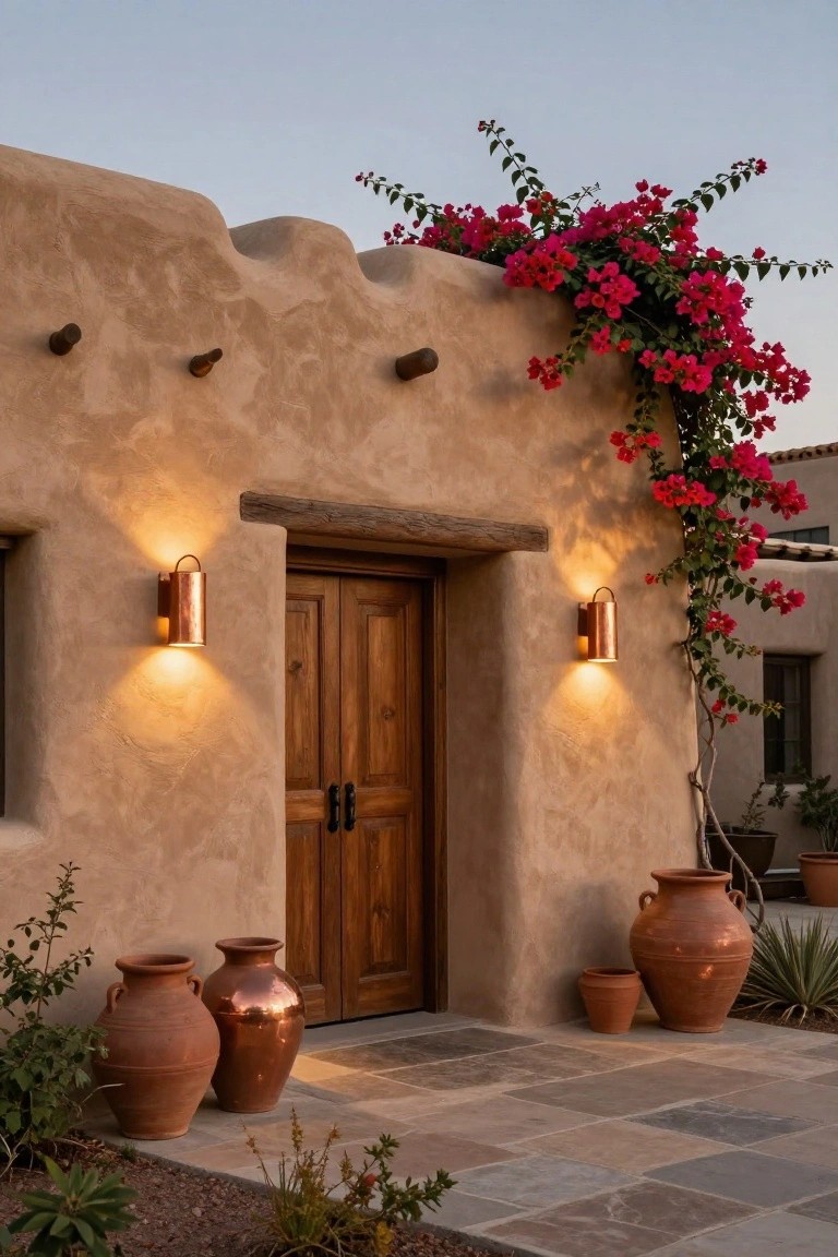 Adobe house facade at dusk with double wooden doors flanked by lit copper wall sconces, terracotta pots on a stone patio, and bougainvillea vines climbing the wall.