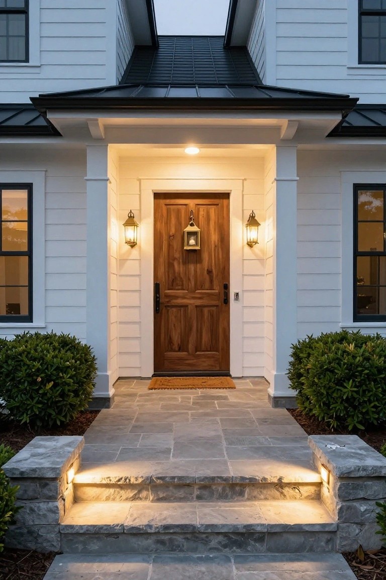 White clapboard house exterior at dusk with black metal roof overhang, wooden double front door, paired lantern wall sconces, porch ceiling light, illuminated stone steps, and boxwood shrubs.