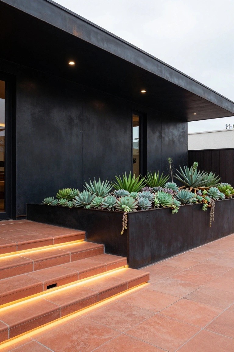 Black metal-clad modern house exterior featuring a succulent-filled raised planter box, slim glass entry door, terracotta steps with yellow LED strip lighting under each riser, and recessed ceiling lights under the overhang.
