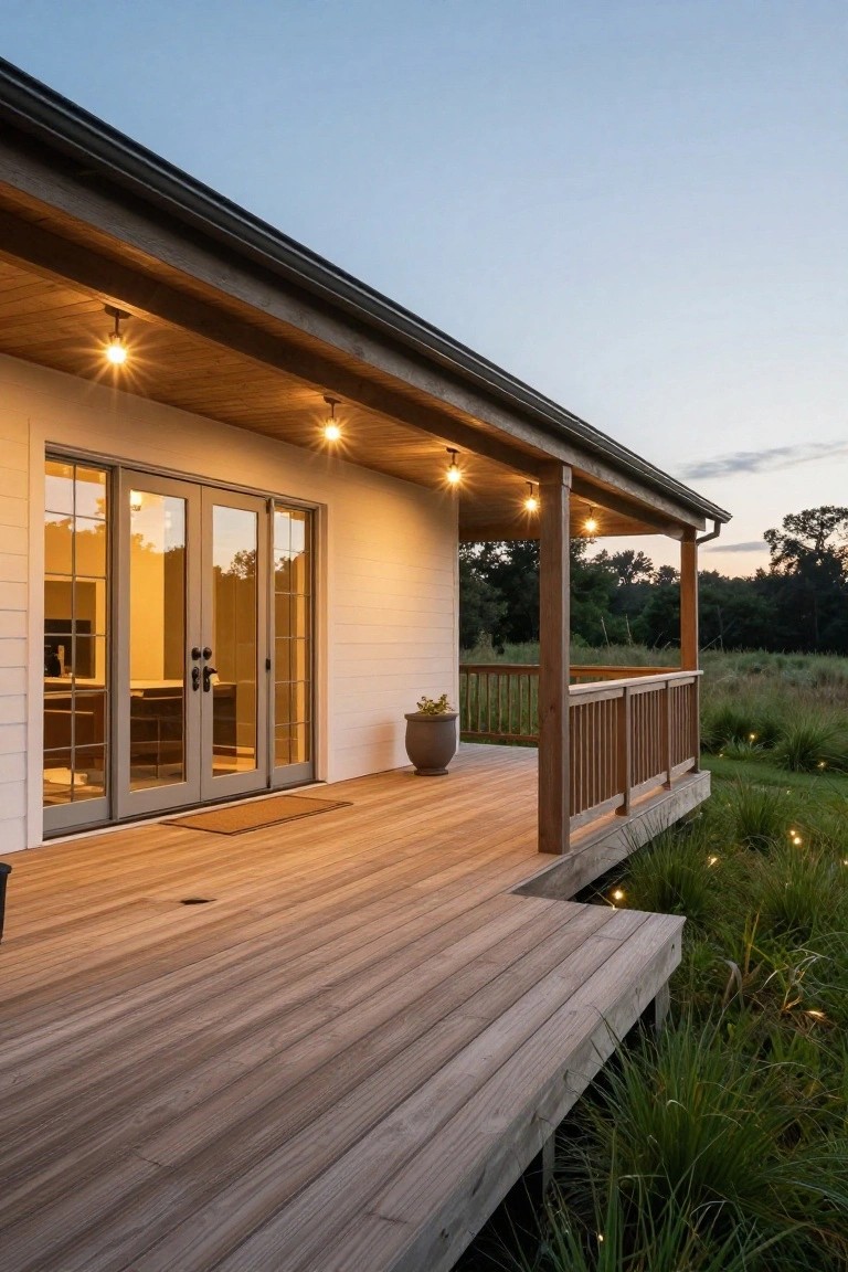 White house exterior with covered wooden porch deck, gray-framed French doors, pendant lights hanging from wooden beams under the roof, potted plant on deck, grass and plants nearby at dusk.