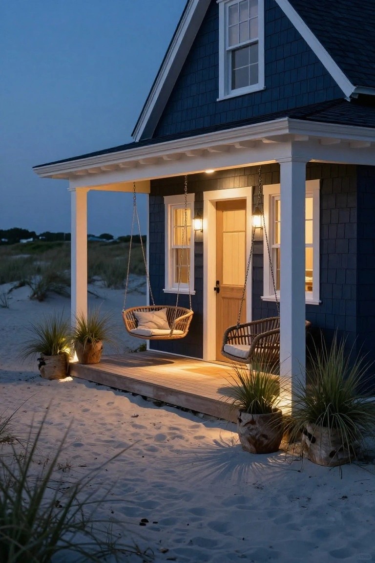 Navy blue shingled beach house at night with warm wall sconces flanking a wooden front door, hanging lights over porch swings, potted plants, and sand dunes in the foreground.