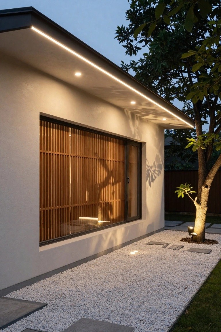Modern house exterior at dusk featuring linear LED strip lights under the roof overhang, wood slat window screens on a beige stucco wall, gravel ground cover, potted tree with uplights, and tall tree nearby.