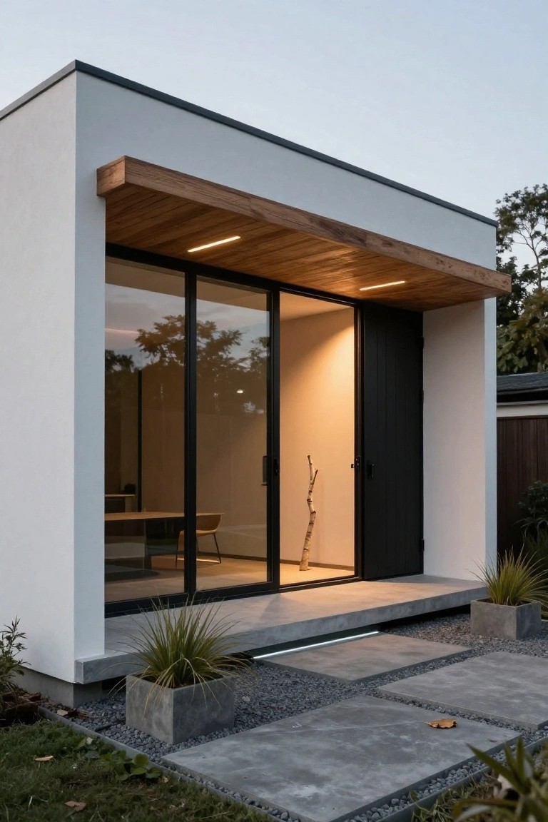 White modern building exterior with wooden overhang lit by linear LED lights, open glass sliding doors revealing interior, black entry door, potted grasses, gravel path, and dusk sky.