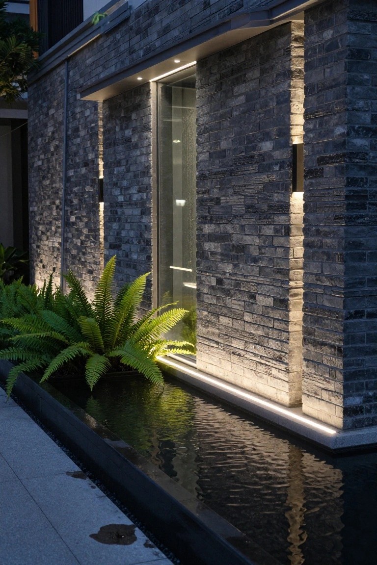 Night view of dark brick house exterior wall with recessed vertical and horizontal linear LED lights, glass panels, potted ferns, and narrow reflecting pool at base.