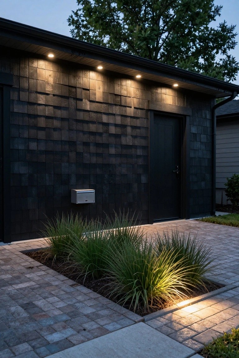 Black shingle detached garage with recessed lights under eaves illuminating the facade, black door, metal mailbox, raised bed of grasses with ground lighting, and paver walkway at dusk.