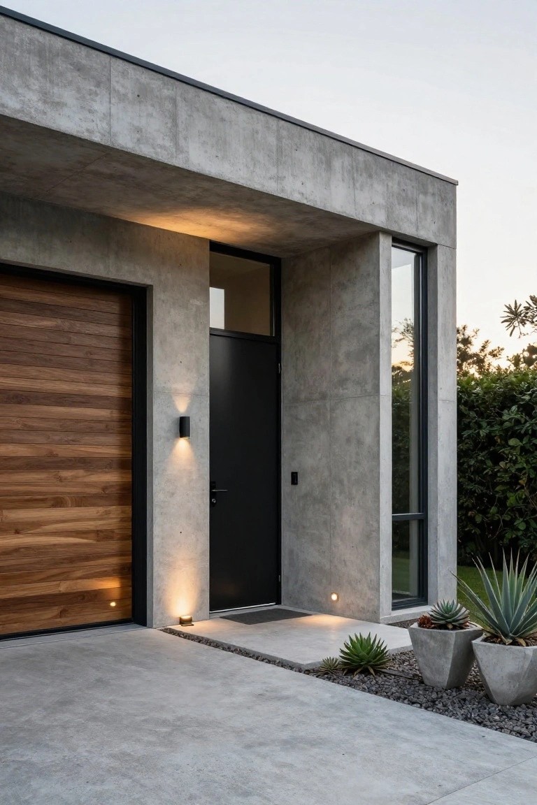 Modern house exterior at dusk with exposed concrete walls, wooden slat garage door, black entry door, two black cylindrical wall sconces, ground lights, concrete steps, gravel border, and potted agave plants.