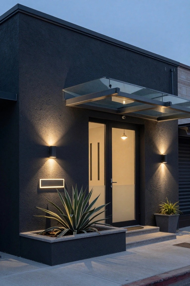 Modern black stucco house exterior at dusk with double glass entry doors under a glass canopy, flanked by black wall-mounted sconces, a lit pendant inside the door, agave plant in a built-in planter, and potted plants on the side.
