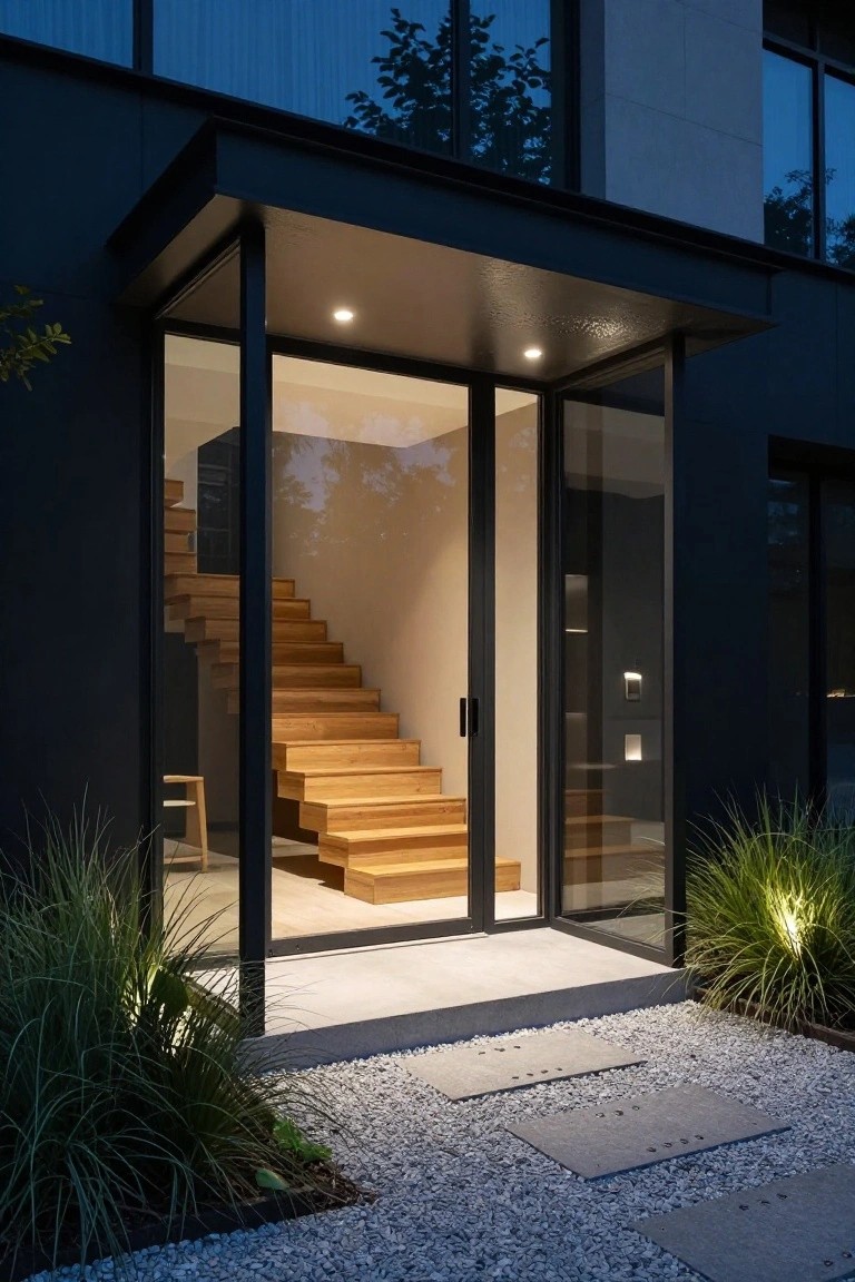 Nighttime view of a modern house front entrance with black metal-framed glass doors, visible wooden stairs inside, recessed ceiling light under the overhang, wall-mounted lights, landscaped grasses with uplights, and gravel path with stone pavers.