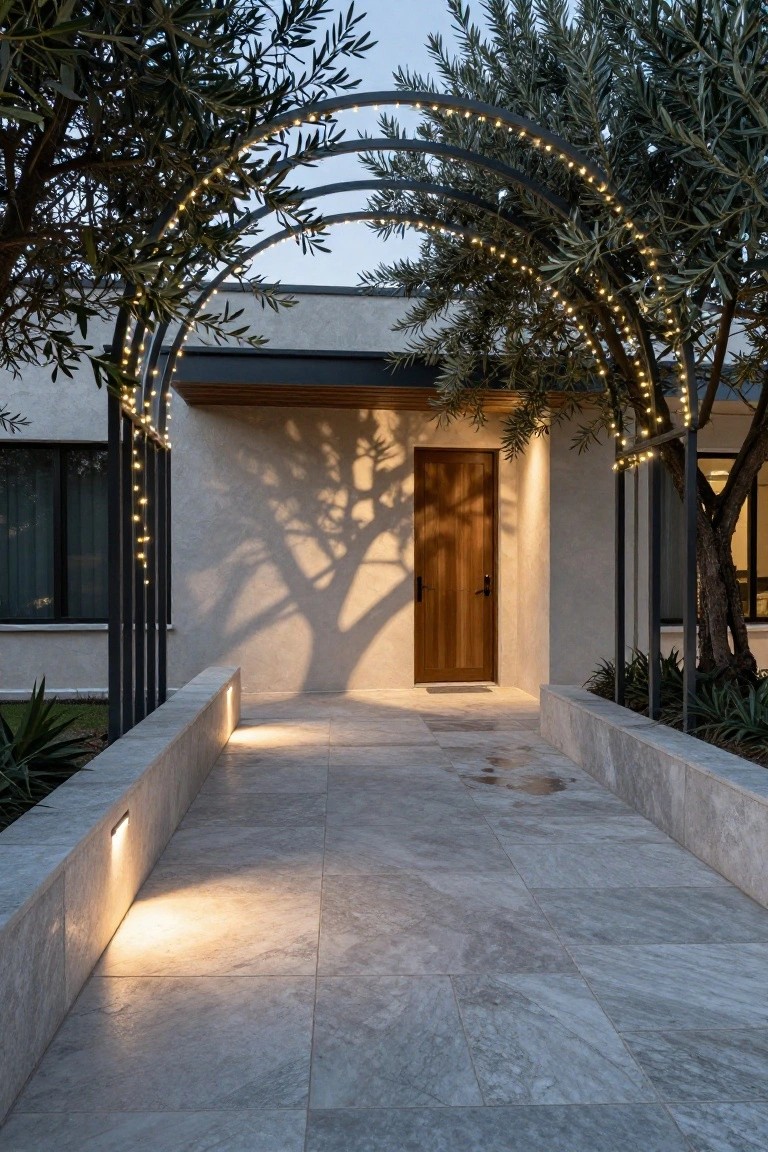 Front entrance of a modern house featuring a black metal archway wrapped in string lights, olive trees on both sides, wooden door, stone pathway with wall lights, and beige stucco walls at dusk.