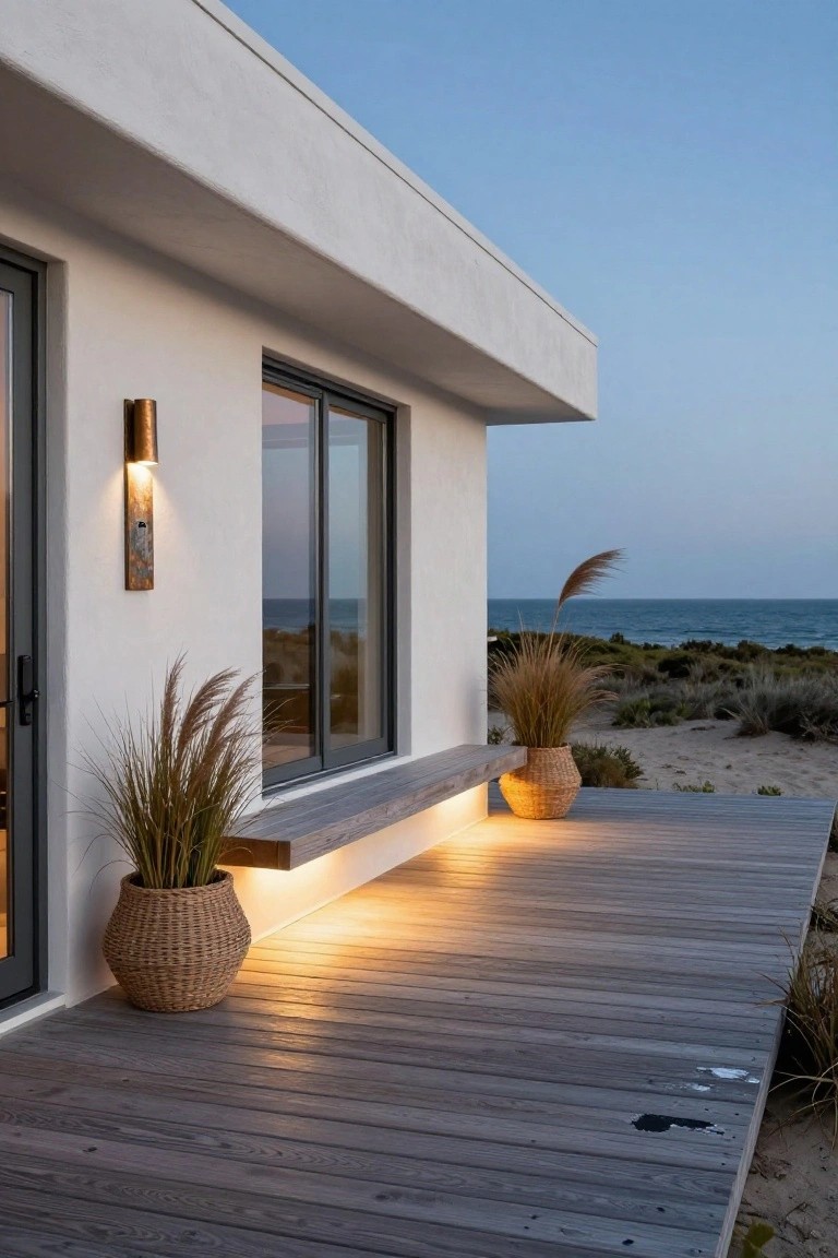 White stucco house exterior with gray wood deck, sliding glass door and window, copper wall sconce, potted pampas grass on bench, under-bench and deck edge lighting glowing at dusk overlooking beach dunes.