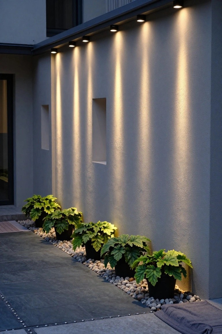 Modern house exterior at dusk with five recessed cylindrical uplights under the roof overhang casting vertical beams of warm light on a gray stuccoed wall, flanked by recessed window niches, black pots of leafy green plants along the base on pebble mulch, and a dark tiled pathway.