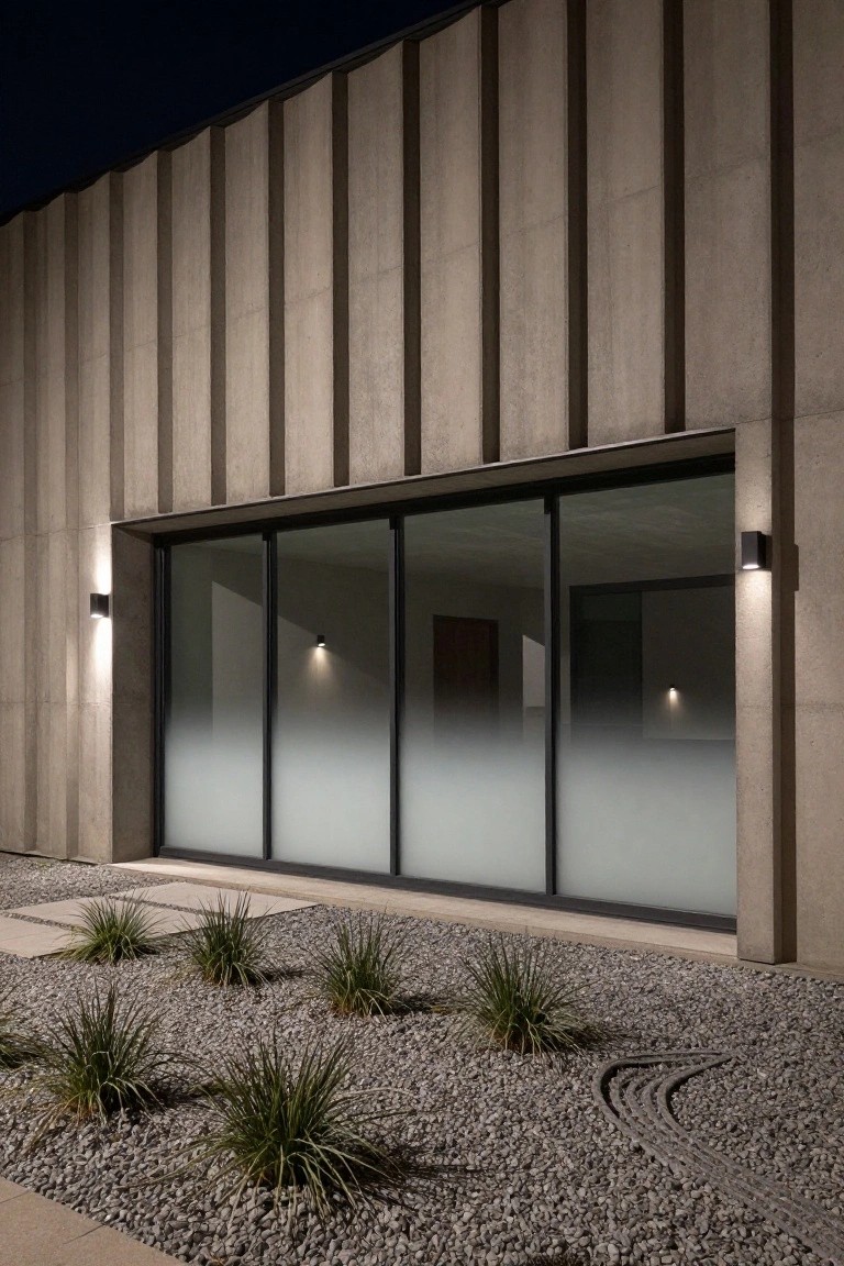 Nighttime photo of a modern house exterior with vertical concrete panels, large frosted glass sliding doors illuminated by four black wall-mounted lights, a wooden door inside, and gravel landscaping with grasses in front.