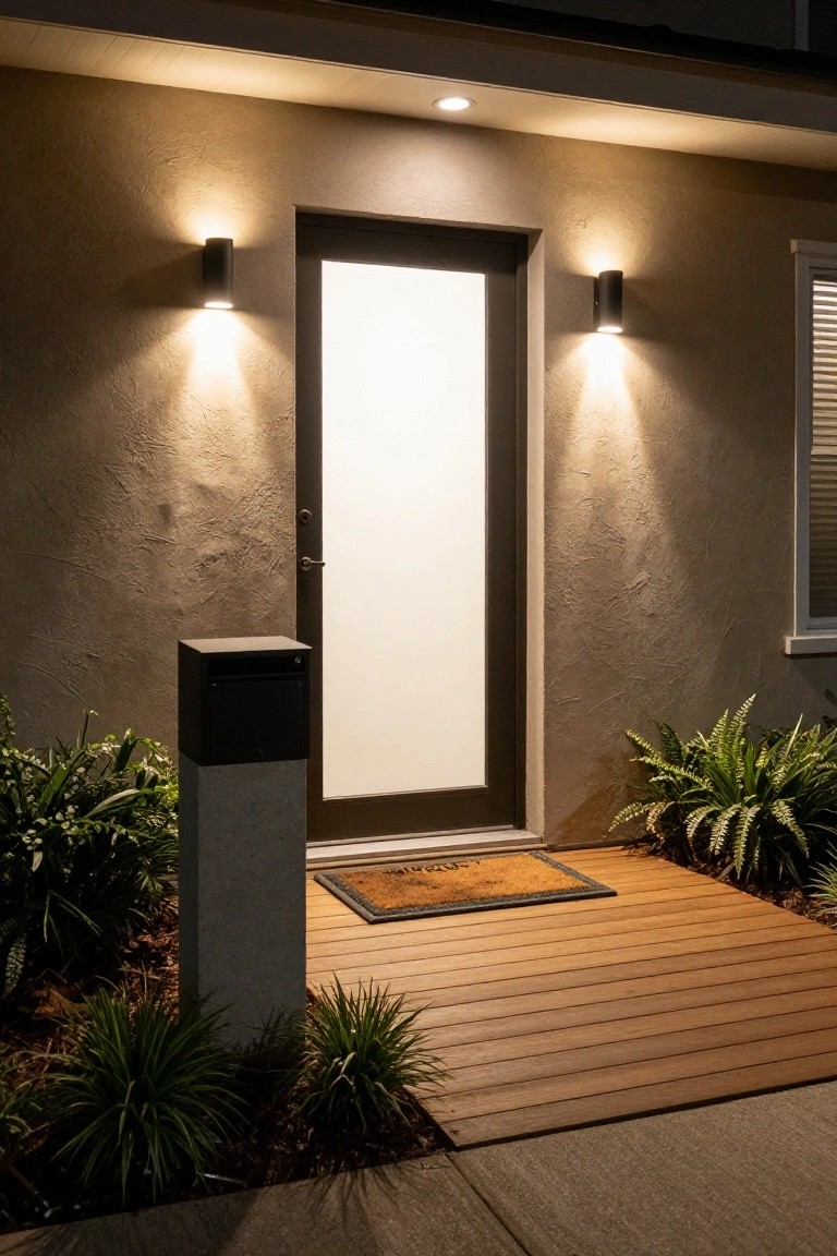 Nighttime view of a modern house entrance featuring a frosted glass door flanked by two black cylindrical wall sconces, with plants, a mailbox pedestal, doormat, and wooden deck porch.