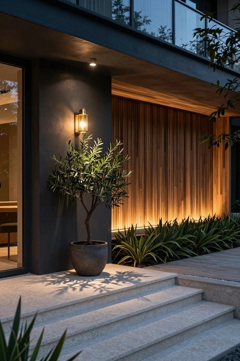 Modern house exterior entrance at dusk with dark stucco wall, vertical wood-clad panel backlit by warm LED strips, gold wall lantern, potted olive tree in gray container, stone steps, and agave plants nearby.