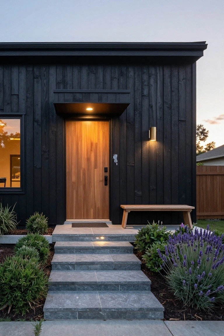 Modern house exterior with black vertical wood cladding, light wooden front door under a lit overhang, brass wall sconce, wooden bench on stone steps, and low plants at dusk.