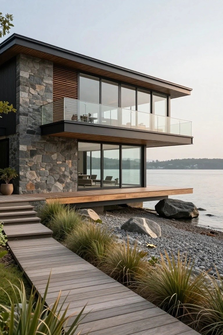 Modern stone-and-wood house with glass balcony overlooking a pebble beach.