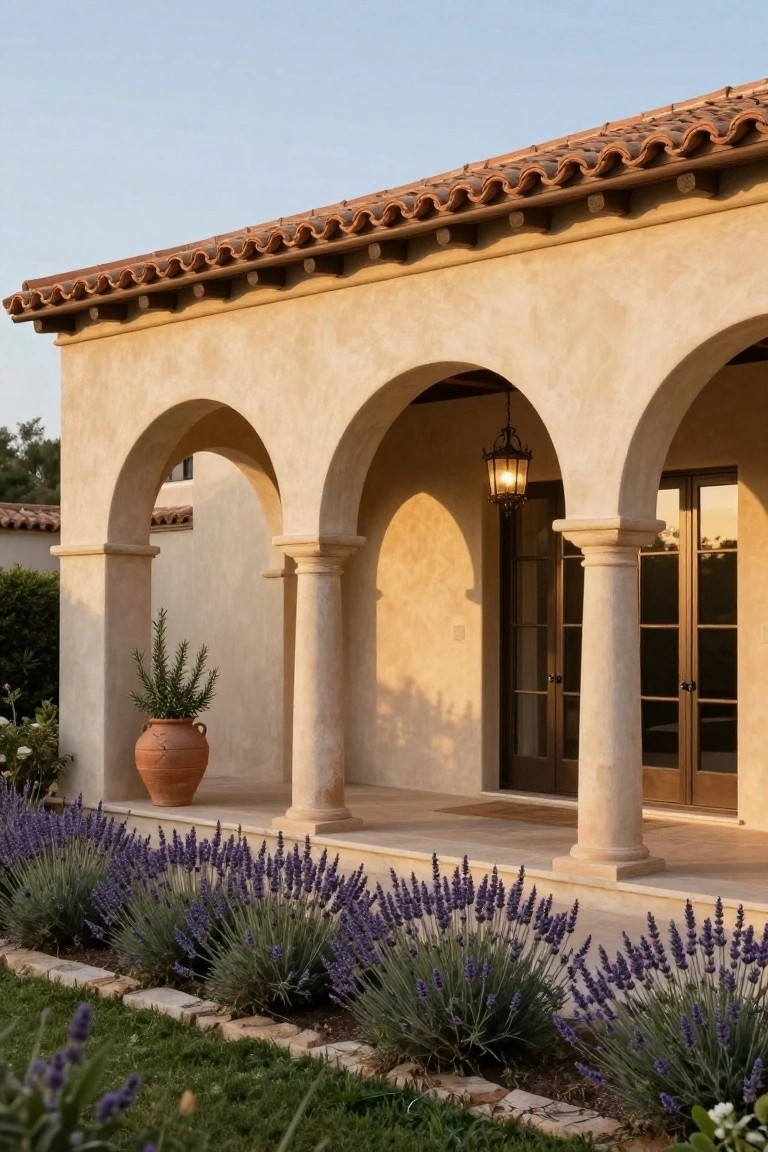 Beige stucco house exterior with terracotta tile roof, three arches supported by stone columns framing glass and wood doors, a hanging lantern, terracotta pot with plant, and lavender bushes along the front steps.