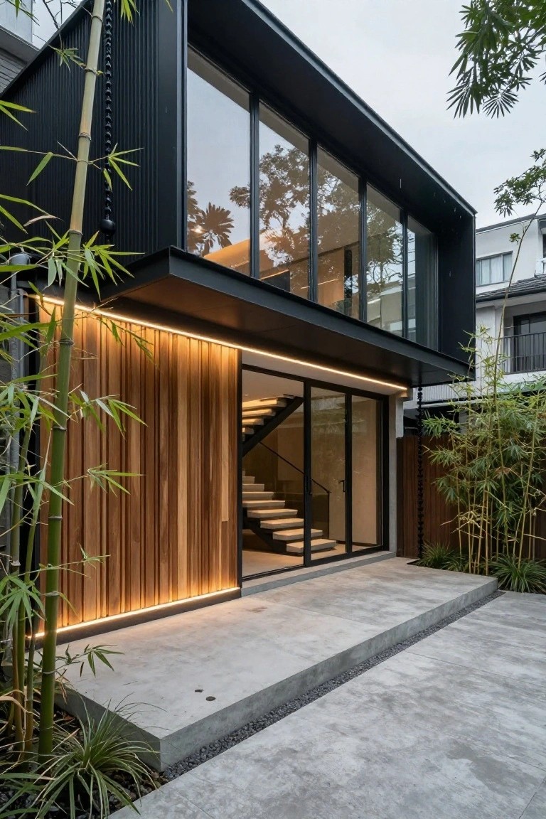 Modern two-story house exterior with black corrugated metal siding, vertical timber cladding illuminated by LED strips around frameless glass entry doors and black metal stairs, large reflective windows, concrete landing, and surrounding bamboo plants.