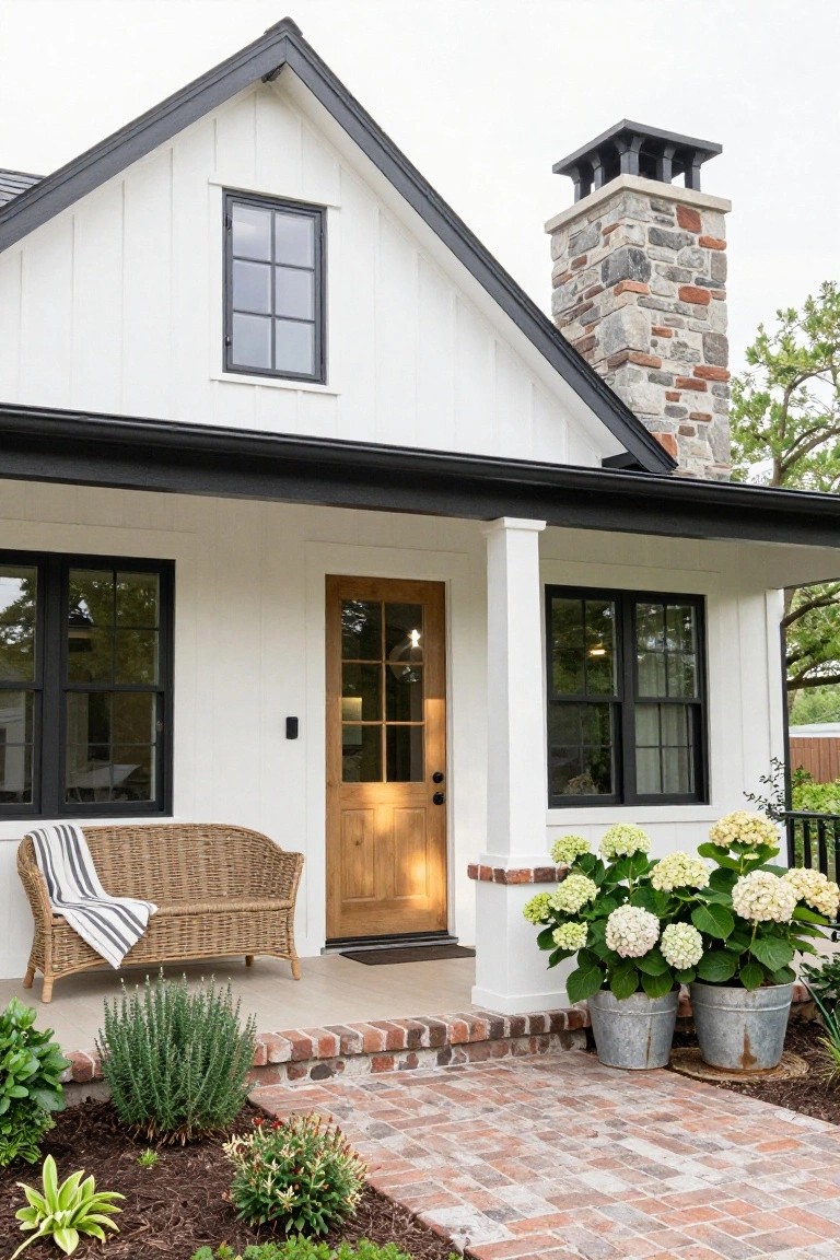 Front view of a two-story white board-and-batten house with black trim on windows, roofline, and porch, stone chimney, wooden front door, wicker loveseat on porch, potted white hydrangeas, and brick walkway.