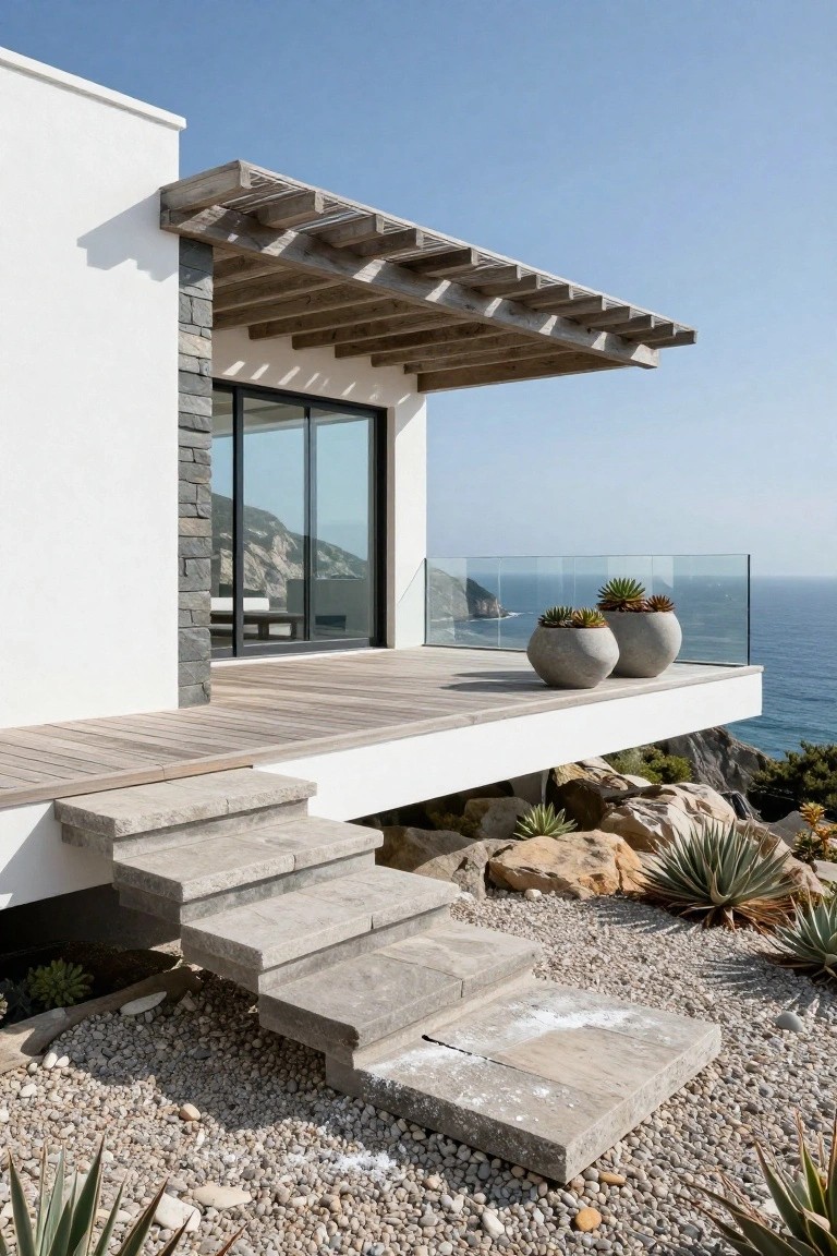 Modern white house exterior with cantilevered wooden deck and pergola overhanging a rocky cliffside above the ocean, large glass doors, stone wall accents, and gravel landscaping with succulents.