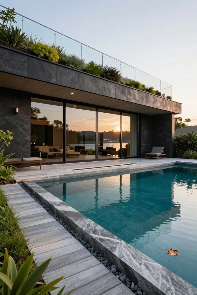 Modern luxury house exterior featuring dark stone cladding, a cantilevered upper level with rooftop plants and glass railing, large sliding glass doors opening to a rectangular infinity-edge pool with marble surround and wood deck path, overlooking a lake at sunset.