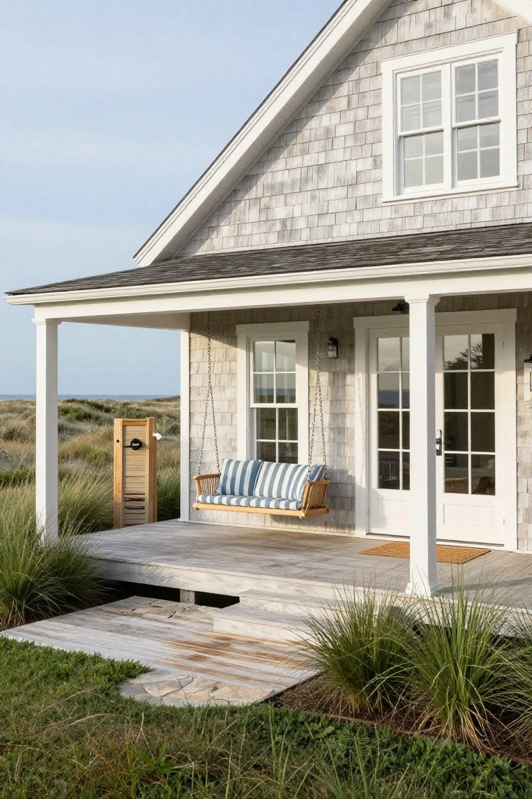 Gray shingled house exterior with white trimmed porch, wooden swing with blue striped cushions hanging from chains, adjacent to ocean dunes and beach grass.