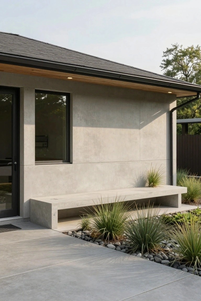 Side view of a modern house exterior with gray concrete walls, black-framed glass door and window, integrated concrete bench, wooden soffit, downspout, grasses, pebbles, and concrete patio.
