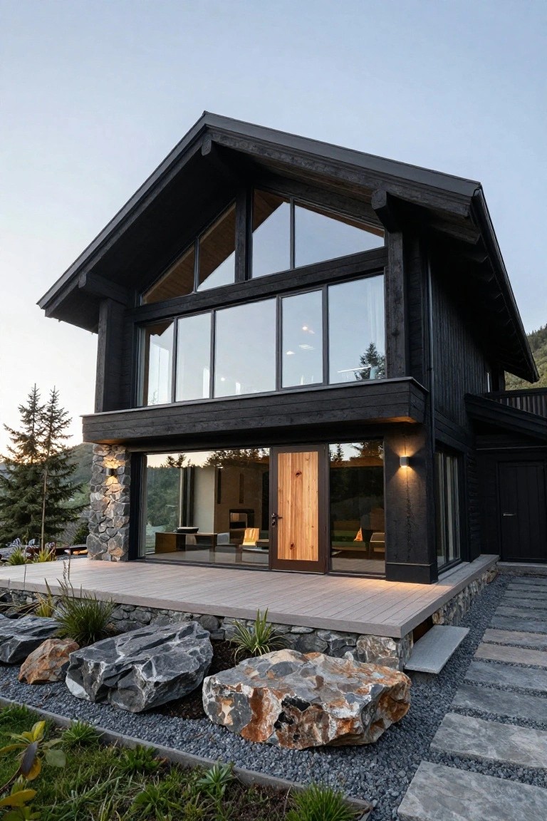 A two-story modern chalet house with black wood siding, large triangular glass windows, a front wooden deck, stone walls, and boulder landscaping in a forested mountain area.
