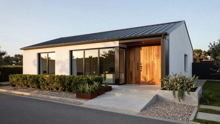 22 Modern House Exterior Luxury Homes That Feel Dreamy Modern single-story house exterior with white stucco walls, dark metal roof, black-framed glass door and window, light wooden entry door with black handle, illuminated wall light, concrete steps, corten steel planters with olive trees and other plants, boxwood hedge, and gravel path.