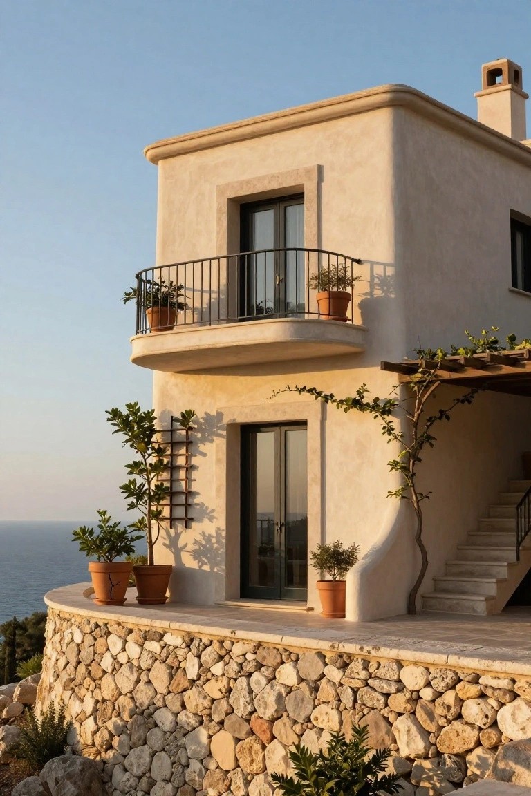 Beige stucco two-story house with curved balcony, black-framed doors and windows, wrought iron railing, terracotta pots with plants, climbing vines, stone retaining wall base on rocky hillside overlooking sea at sunset.