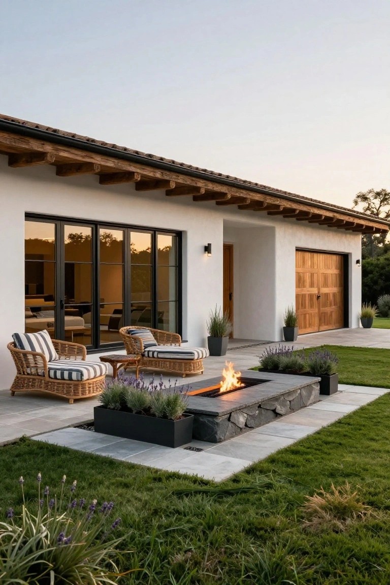 Modern house exterior with white stucco walls, exposed wood beams, wooden garage door, large black-framed glass doors, two wicker chairs with cushions around a linear black stone fire pit on a gray paver patio, surrounded by grass, lavender plants, and potted grasses at dusk.