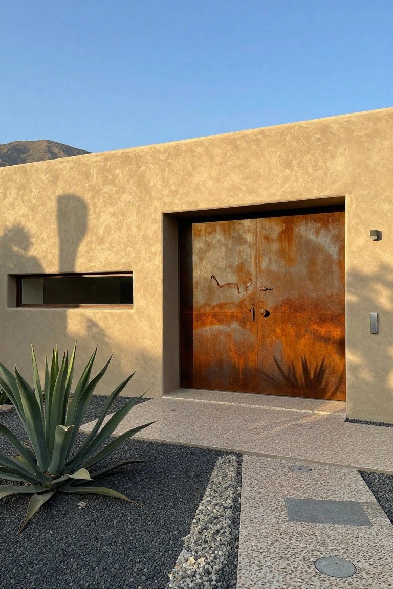 Beige stucco house exterior with large double rusted metal doors featuring etched bird motifs, narrow window, agave plant, gravel groundcover, and concrete pathway against a mountainous backdrop.