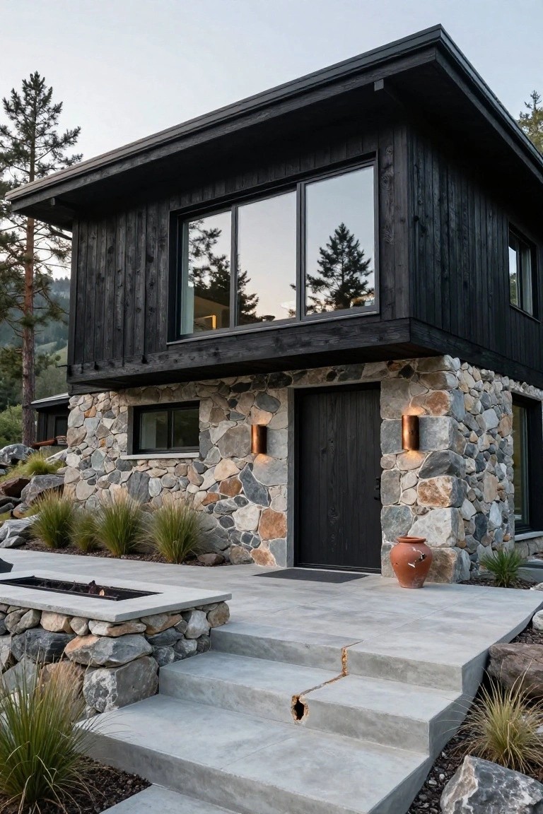 Modern two-story house exterior with black wood cladding on upper level, varied stone base on lower level, large glass windows, dark wood entry door flanked by copper lights, concrete steps leading to a linear fire pit, surrounded by grasses, rocks, and pine trees on a sloped site.