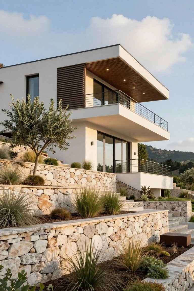 Modern white house with cantilevered upper level, wood slat screens, glass walls, and balcony on terraced dry-stone retaining walls planted with grasses and olive trees on a hillside.